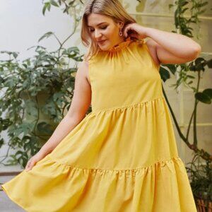 Plus Size SHEIN Plus Frill Trim Ruffle Hem Dress, yellow XL